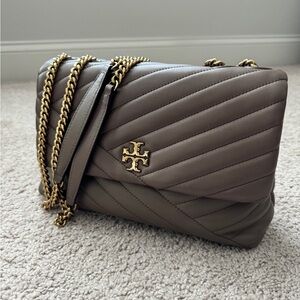 Tory Burch Kira Chevron Leather Shoulder Bag in taupe.